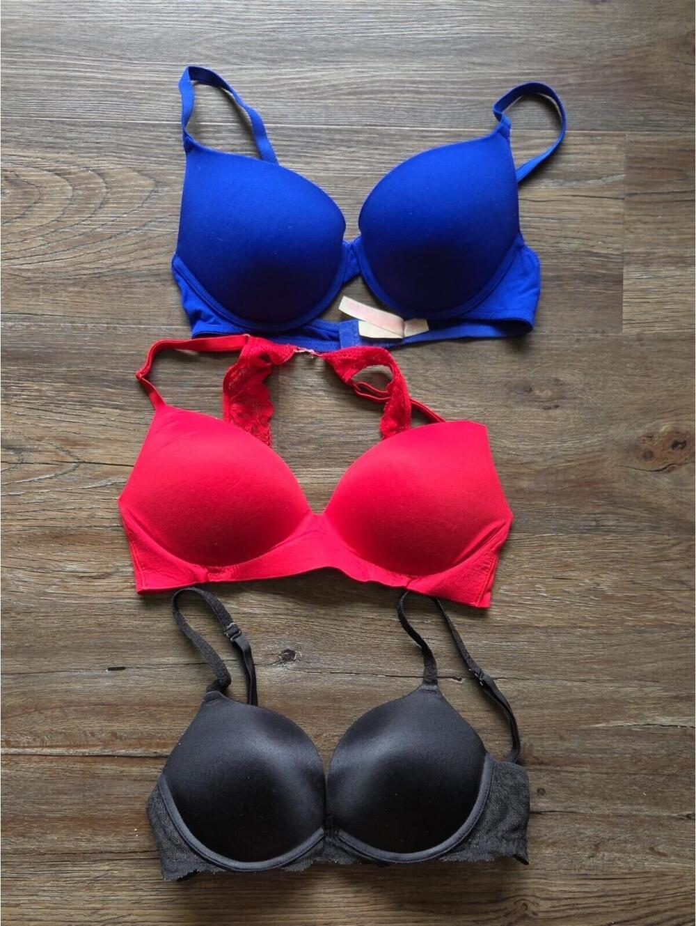 Victorias Secret Red Black And Blue Bra Lot Padded 34c